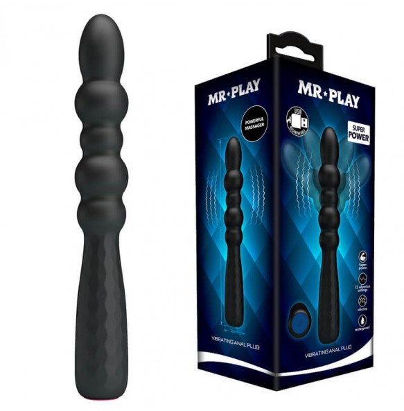 MR PLAY - Vibrating Beaded Anal Plug Wand (Chargeable - Black)